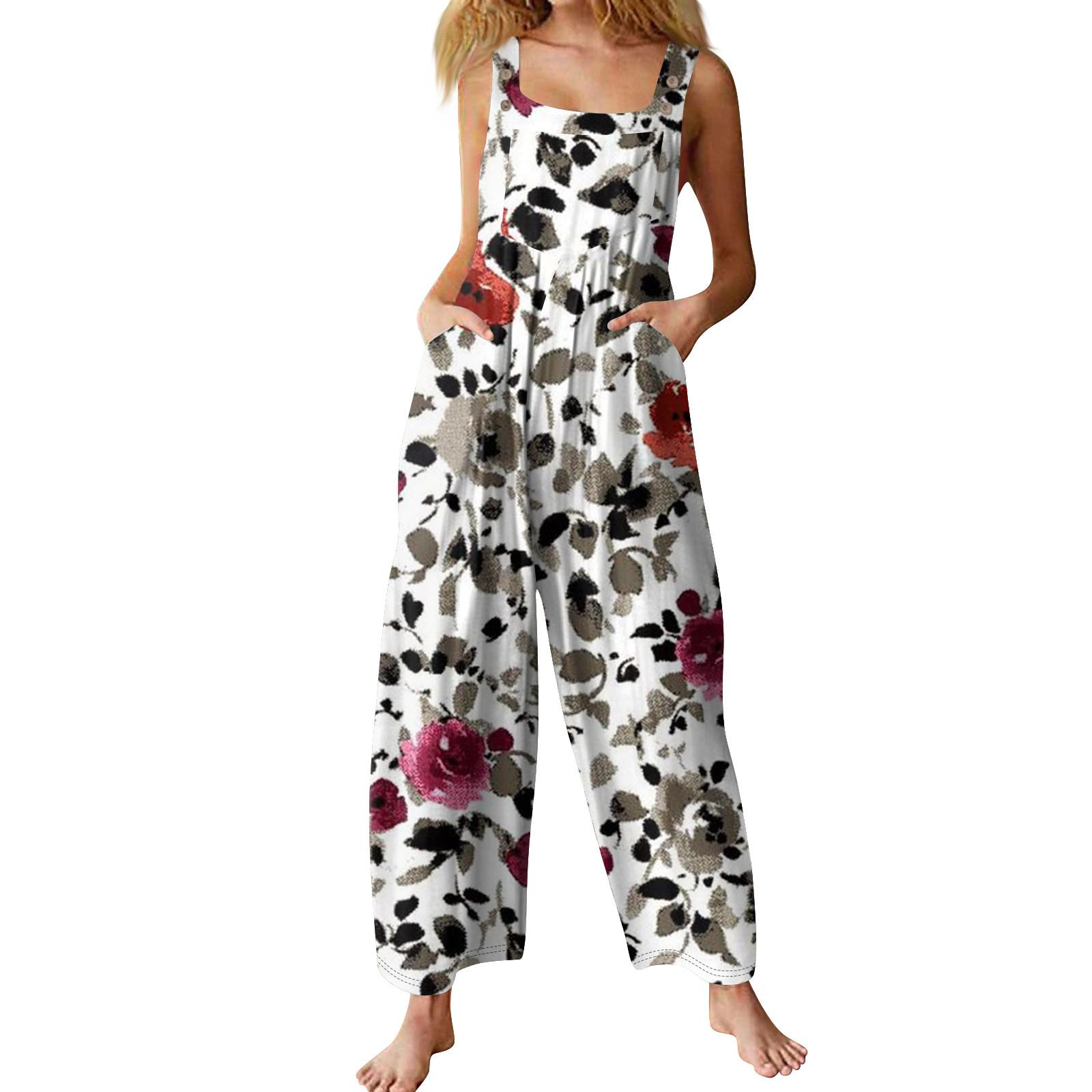 

Женский повседневный комбинезон без рукавов с популярным цветочным принтом L белый