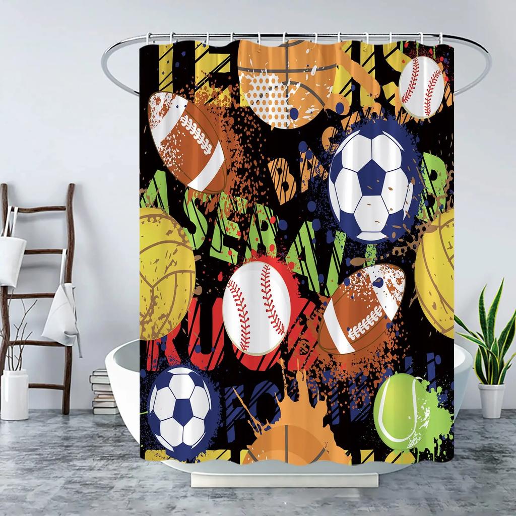 Abstract Football Pattern Shower Curtain Sport Theme Soccer Black and White Colors Waterproof Polyester Bath Curtain with Hooks
