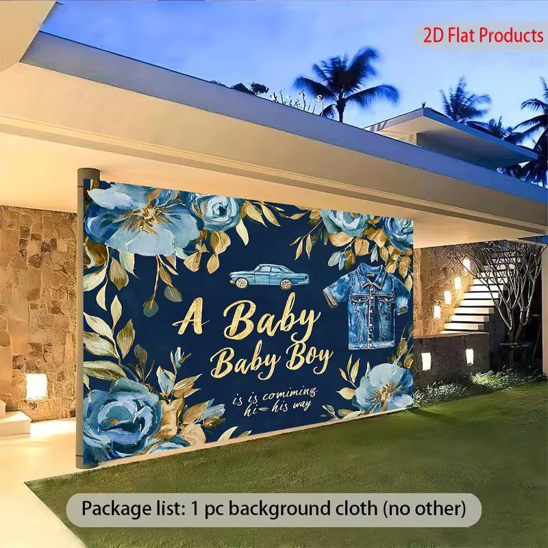 2D Watercolor Blue Rose Baby Shower Backdrop Modern Boy Celebration Photo Background