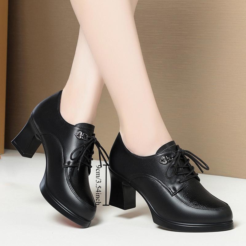 

Жіноче шкіряне взуття на шнурівці, елегантні одинарні туфлі з глибоким горлом, весняно-осінній стиль на високих підборах, шкіряне жіноче взуття середнього віку 35