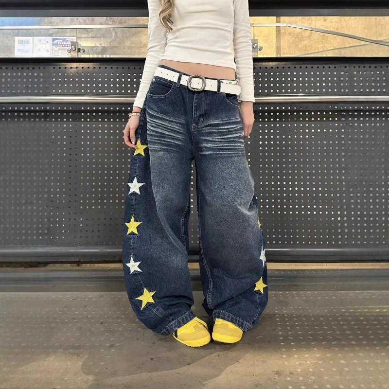 High-Waist Wide-Leg Jeans Men Women American Retro Star Patchwork Loose Casual Denim Pants