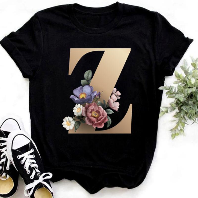 

Модная золотая женская футболка с 26 буквами и цветами в стиле Харадзюку, повседневная базовая черная рубашка с круглым воротником, женские футболки с короткими рукавами XS