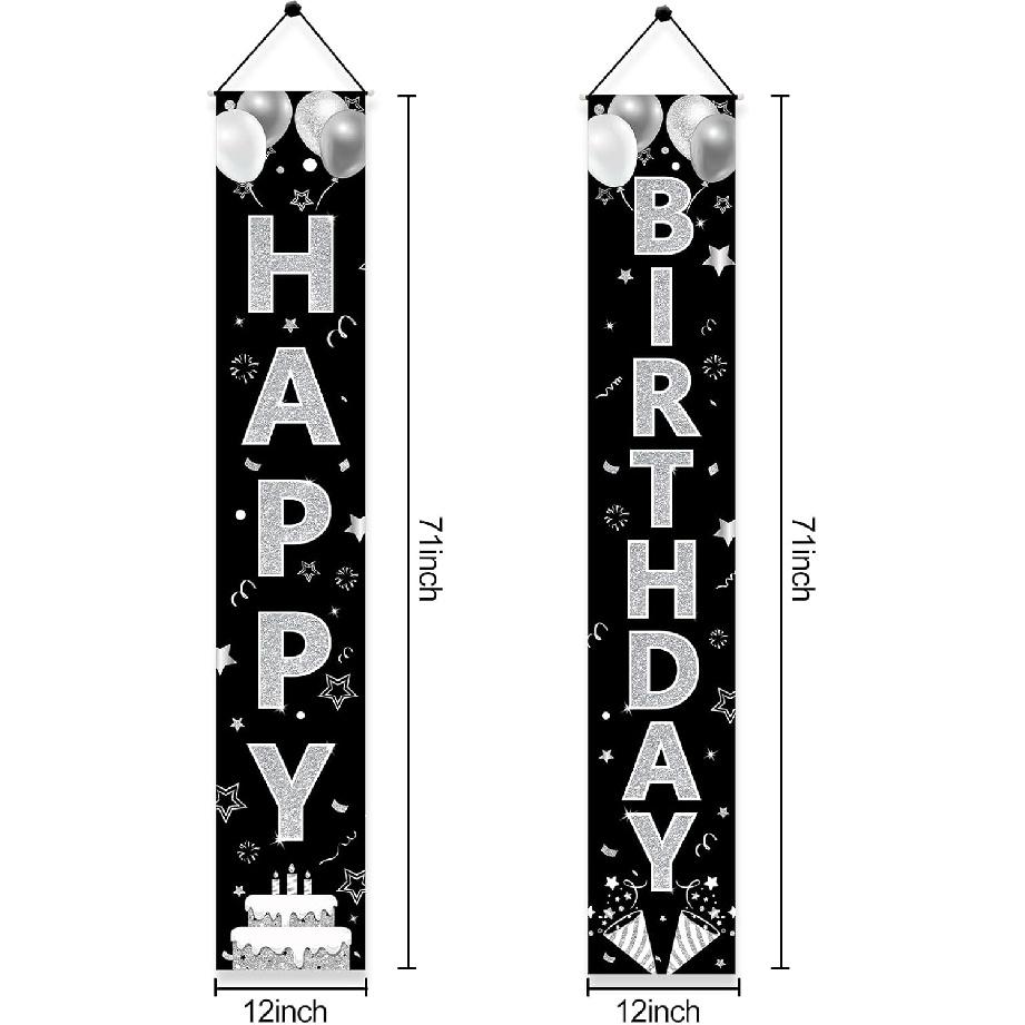 Black Silver Happy Birthday Party Supplies, Porch Sign & Backdrop Decor for Men Women, 16th to 90th Birthdays