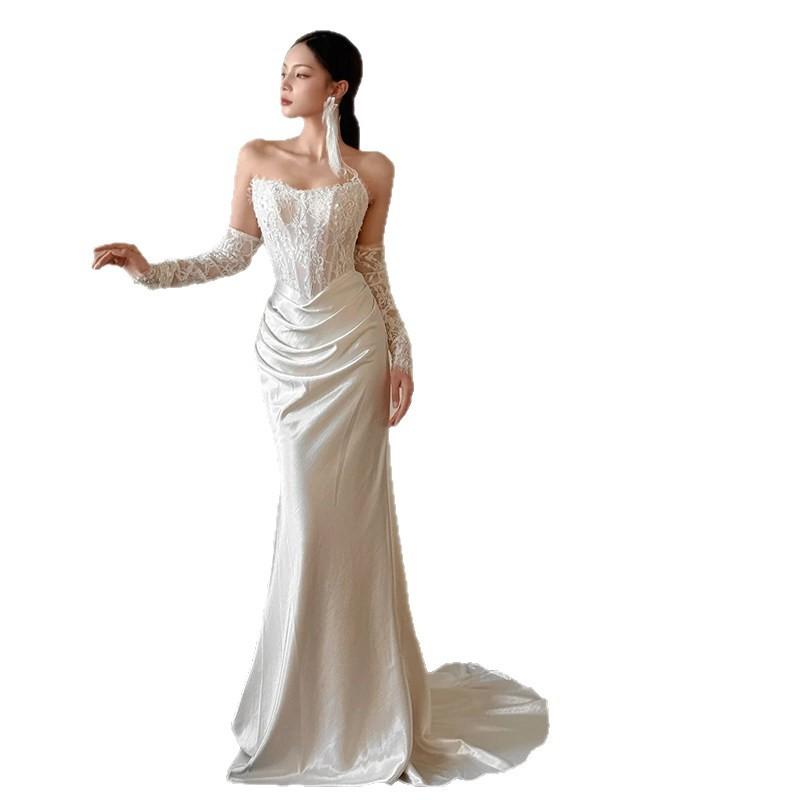 French lace light wedding dress tube top retro high-end sense satin bride fishtail engagement welcome out dress dress dress