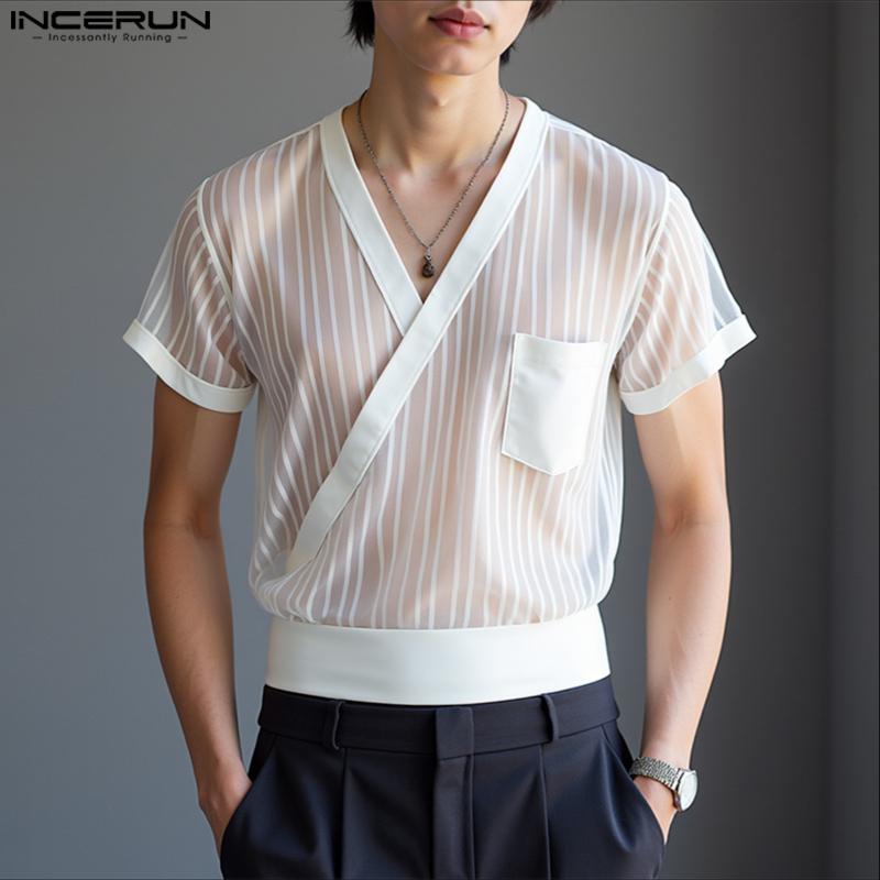 

INCERUN Men V Neck Short Sleeve Mesh Striped Patchwork Sheer Front Cross T-shirts 5XL білий