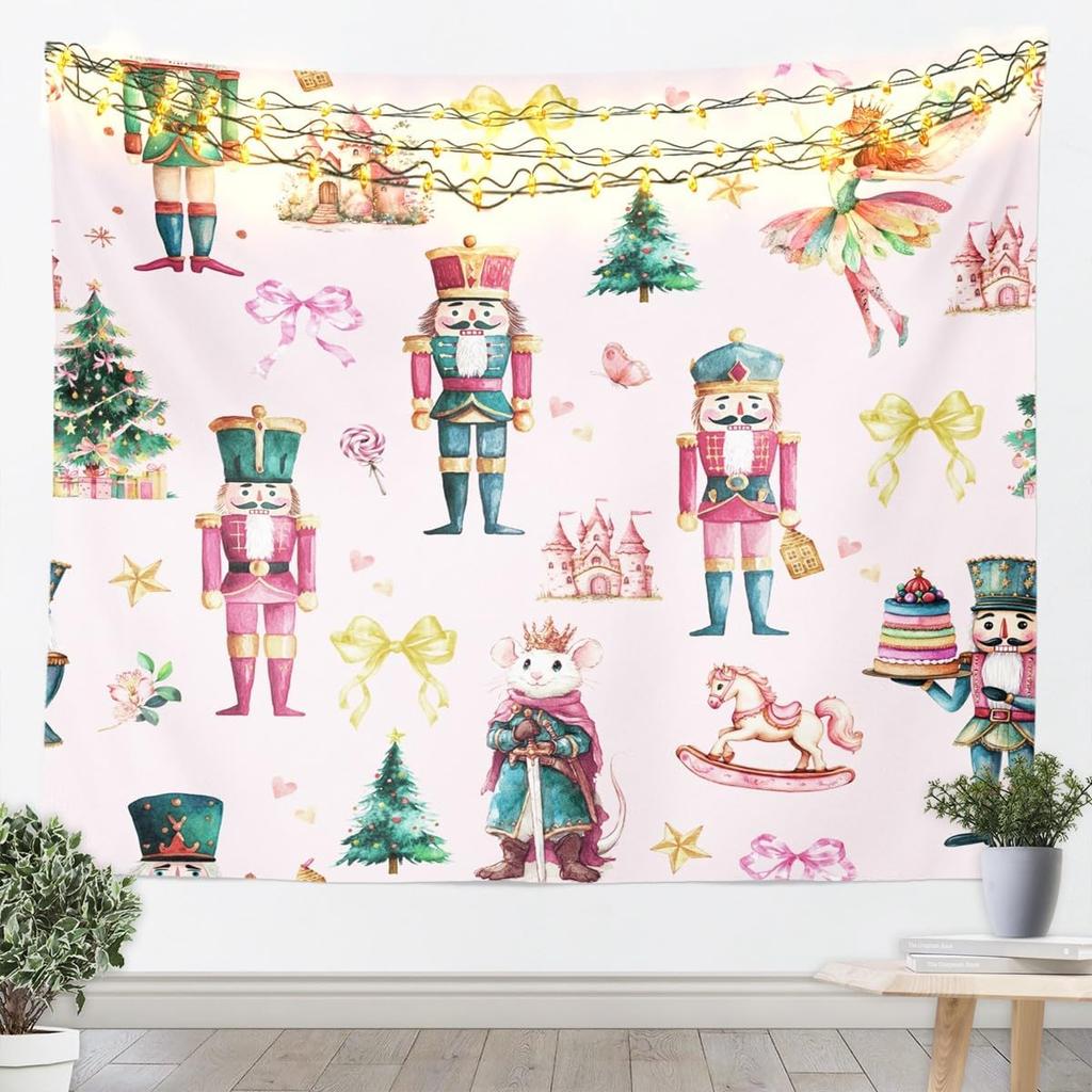 Kids Christmas Nutcracker Tapestry for Bedroom Winter Snowflake Wall Tapestry for Boys Girls Christmas Tree Hanging Wall Art