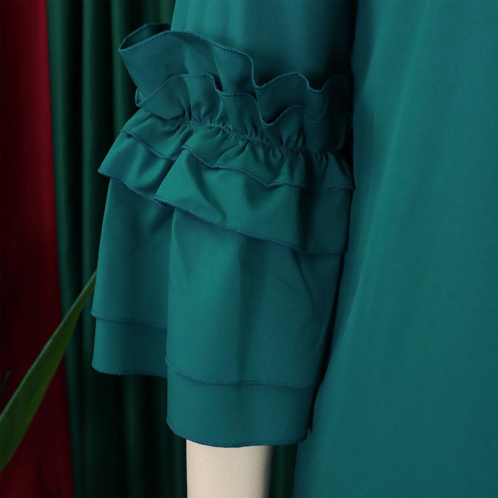 Elegant Office Dresses Women Bow Collar Ruffles Sleeve Straight Mid Calf Fashion Formal Female Business Work Wear Dress Midi Hot