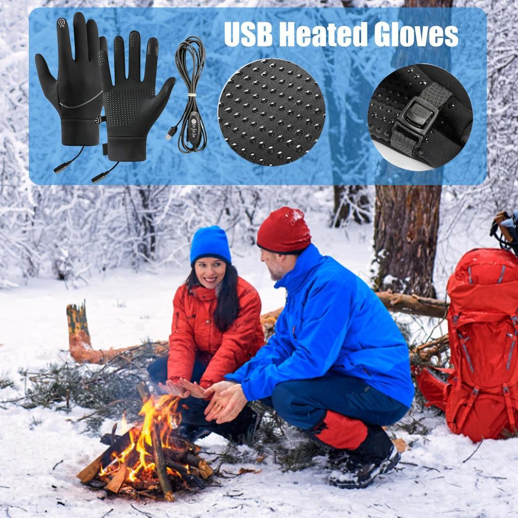 Heated Gloves For Women Men Windproof USB Skiing Heating Gloves Mitts With 3 Adjustable Temperature For Cycling Outdoor Sports