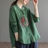 Chemises Boutonnées Broderie Vintage Femme Élégantes Blouses Coton Lin Col Montant Décontractées Manches Longues Amples Hauts Irréguliers