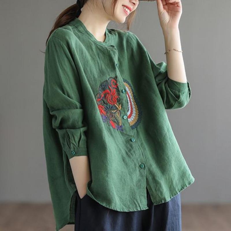 Women Vintage Embroidery Button Up Shirts Elegant Stand Collar Cotton Linen Blouses Casual Long Sleeve Oversized Irregular Tops