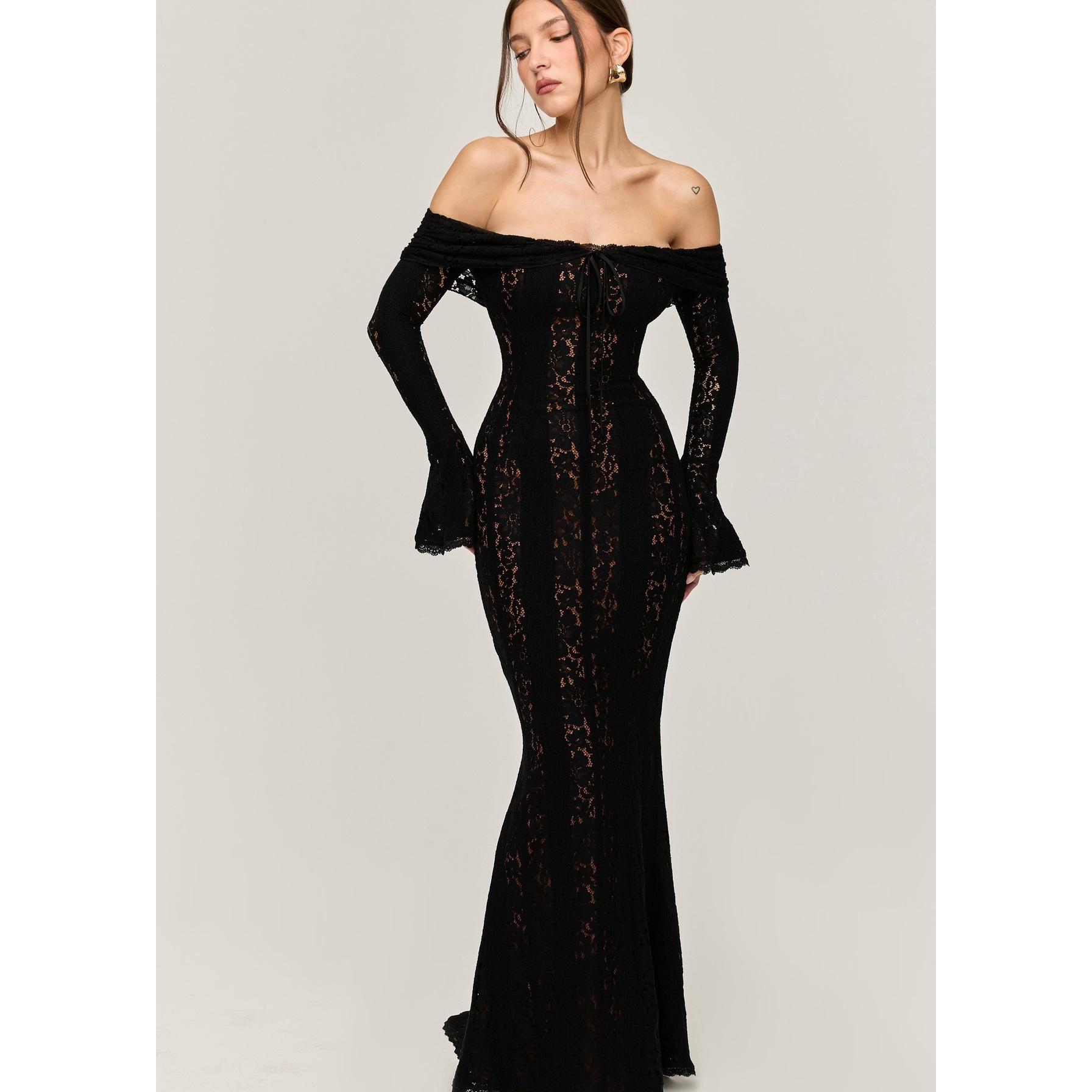 

Ажурное кружевное платье с открытой спиной, тонкое длинное женское платье без бретелек со шнуровкой и открытыми плечами, шикарные сексуальные женские платья для вечеринок и клуба 2025 года M чёрный