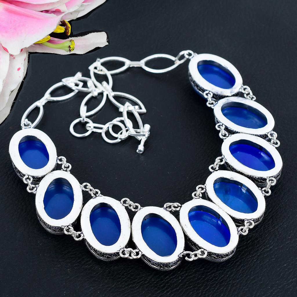 Blue Chalcedony Gemstone Handmade 925 Sterling Silver Jewelry Necklace 18" KG-1631