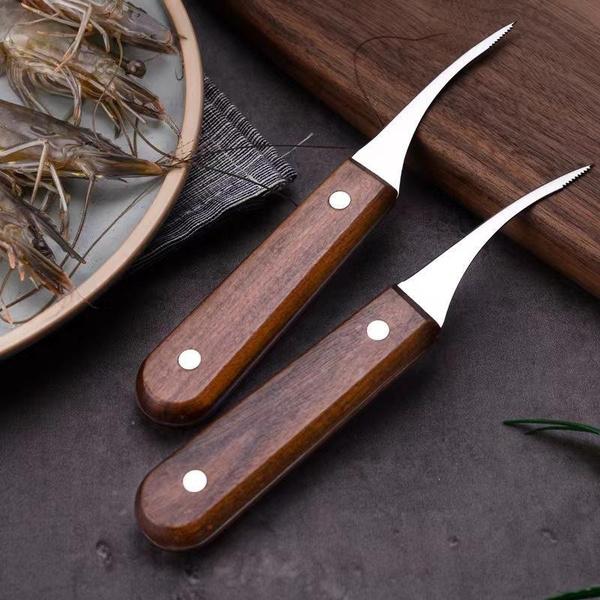 2 peças de faca de camarão de aço inoxidável com cabo de madeira ferramenta de descascamento de camarão utensílios de cozinha domésticos