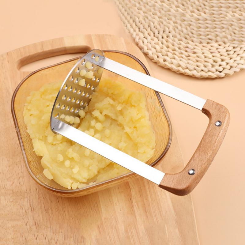 Stainless Steel Hand Held Potato Masher Potato Press Kitchen Crusher Vegetable Masher With Wooden Handle