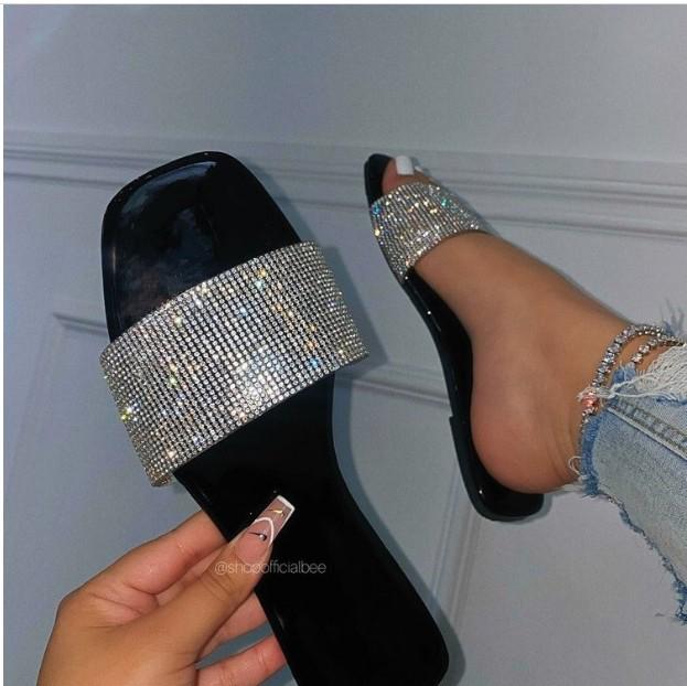 

Plus Size Rhinestone Square-Toe Women s Slippers - Cross-Border Casual Sandals, Summer New Arrivals 43 чёрный