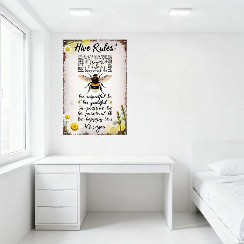 Hive Rules Bee Themed Metal Tin Sign Vintage Rustic Life Rules with Be Humble Honest Kind Positive Happy Decor for Home Cafe Bar