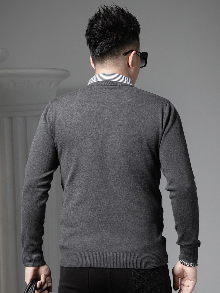 European Style Trendy Badge V-Neck Men's Knit Sweater Warm Inner Layer Wool Sweater Autumn and Winter Two-Piece Sweater for Men