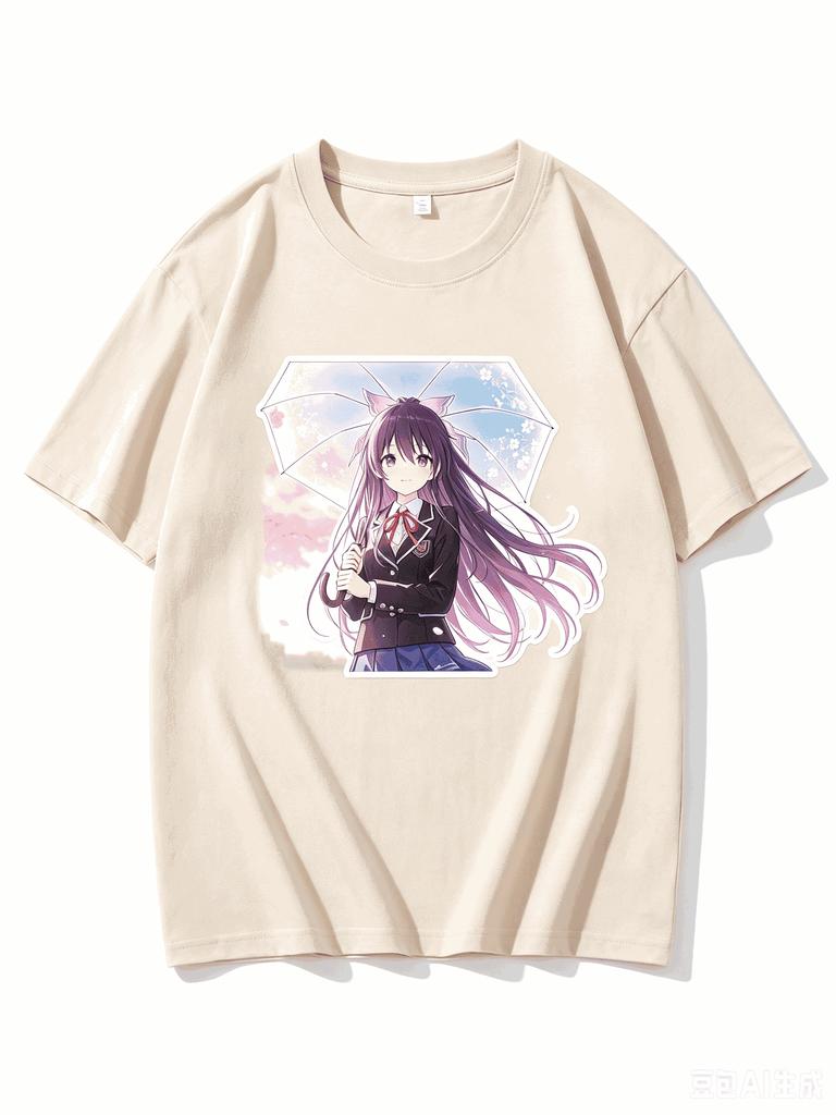 Yatogami Tohka Date A Live Anime Girl Holding Umbrella Graphic Crew Neck Short Sleeve T-shirt
