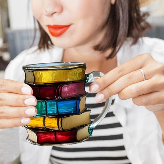 Cana Pictată Stivă de Cărți Cană de Cafea din Sticlă în Formă de Carte 11 oz Cană Literară Unică Cadouri pentru Iubitorii de Cărți Birou