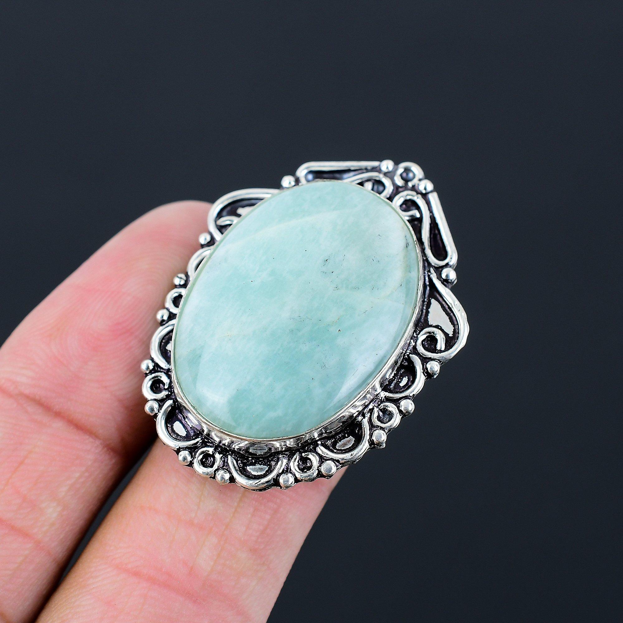 Womens day Sale Sterling Silver Oval Amazonite Stone Statement Wife Ring US 6.5 6.5