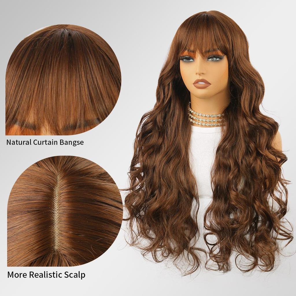 Women's Tea Brown Long Curly Wig with Bangs – Fluffy, Age-Reducing, Big Waves, Full Head Cover
