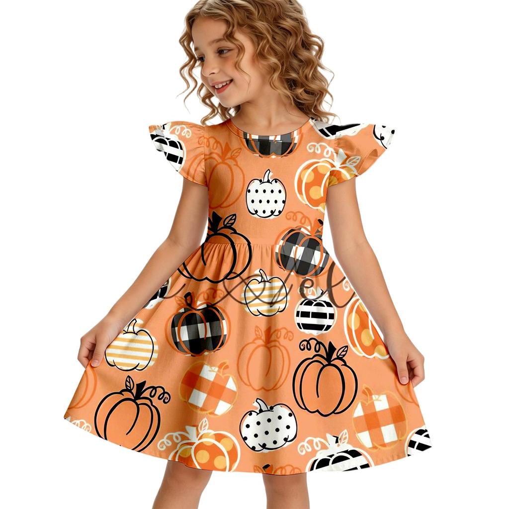 Girls Halloween Casual Dress Round Neck Ruffle Sleeve A-Line Dress Soft Comfortable Fabric Suitable for Daily Wear and Parties