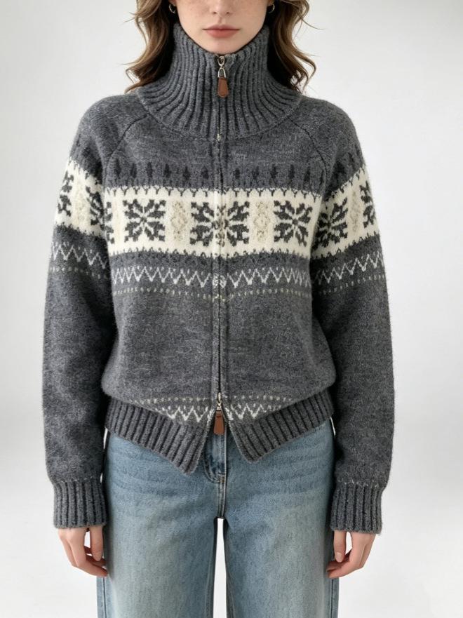 Women's Fair Isle Color-Block Zip-Up Sweater Coat: Autumn/Winter, Loose Fit, Flaw-Covering, Slimming, Soft & Cozy Knit Cardigan