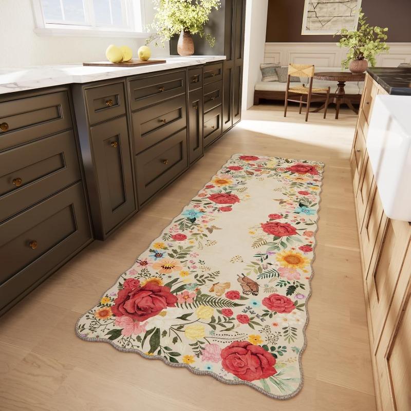 Fashion Flower runner Rug Washable Foldable Non-slip Bedroom Bedside Mat Light Luxury Home Decoration Soft Corridor Carpet 