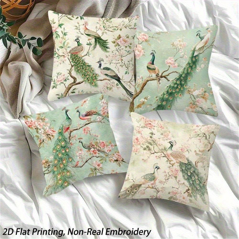 Vintage Peacock & Floral Pillowcase - Pastel Botanical Print Pillow Cover for Sofa Bedroom Living Room
