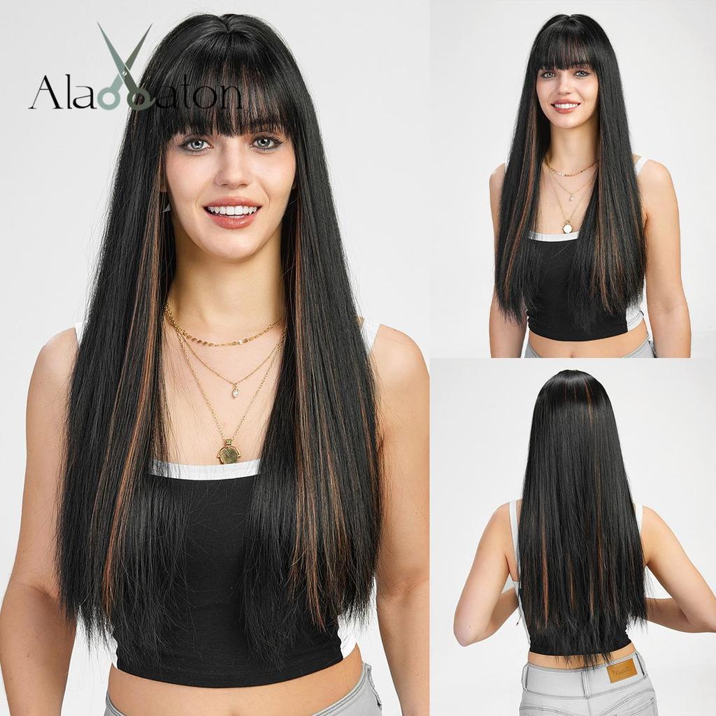 ALAN EATON Women's Black Wigs Long Straight Synthetic Wigs with Bangs Daily Party Cosplay Heat Resistant Fiber Smooth Natural
