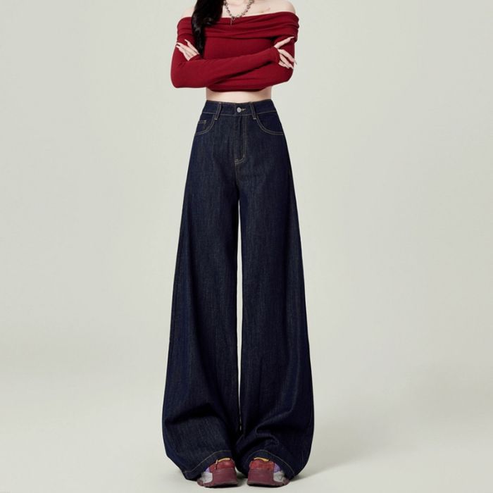 American dark blue wide-leg jeans women s spring and autumn 2025 new high-waisted loose drape pants early spring S