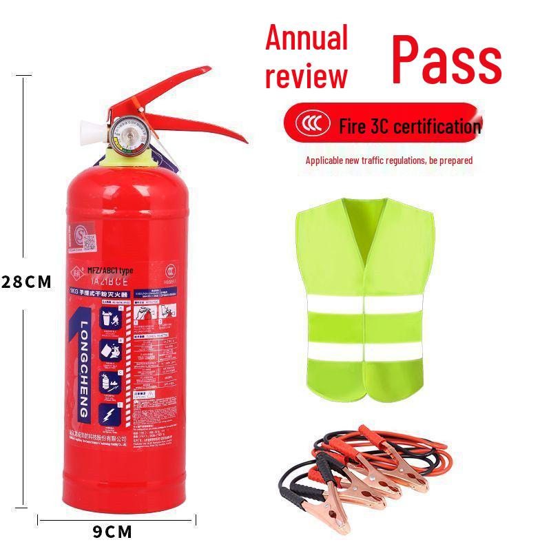 1kg Trockenpulver Handfeuerlöscher mit Feuerwarnschild und Jahresinspektionsset für Fahrzeuggebrauch