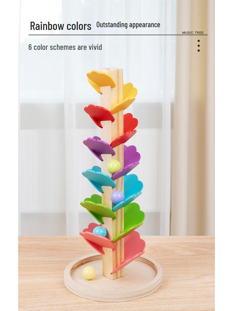 Montessori Rainbow Ball Track Tree: Rotating Leaf Stacker & Musical Wooden Puzzle Toy.