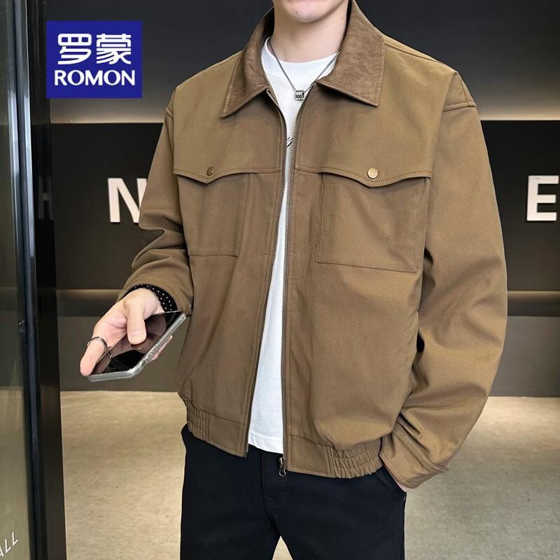 ROMON Men s Tree-Grain Faux Leather Contrast Collar Jacket M