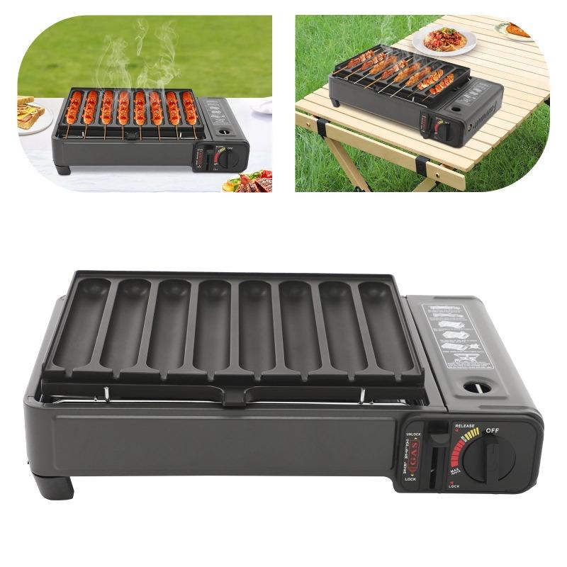 Gas Grill Stove with Sausage Grill Plate Plastic Box Portable Camping Butane Stove Adjustable Flame for Outdoor Picnic BBQ