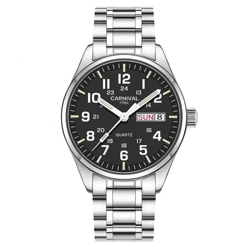 CARNIVAL Brand Watches Men Luminous Tube Waterproof Sport Men's Quartz Watch Man Stainless Steel Strap Reloj Hombre