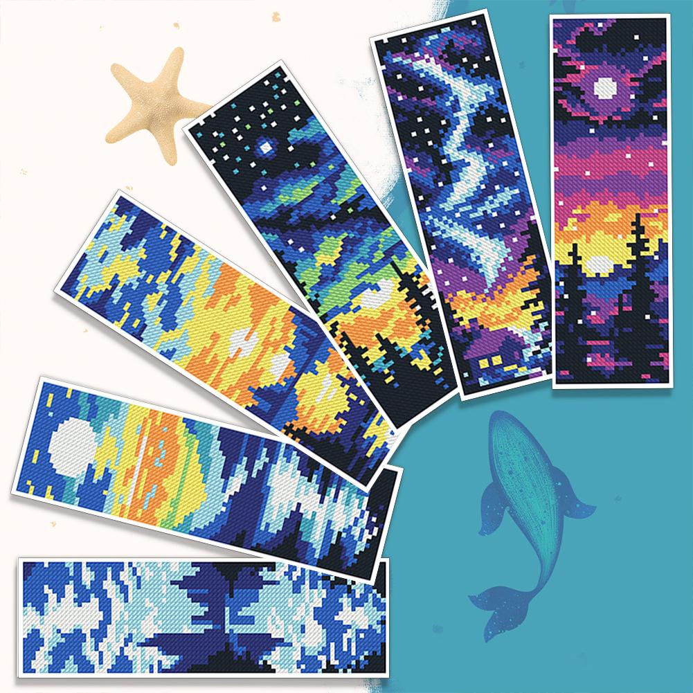 6Pcs DIY Cotton Single-Sided Stamped Bookmark Cross Stitch Kits for Starter Adults Cross Stitch Bookmark Craft Kit 18.5x11.02in