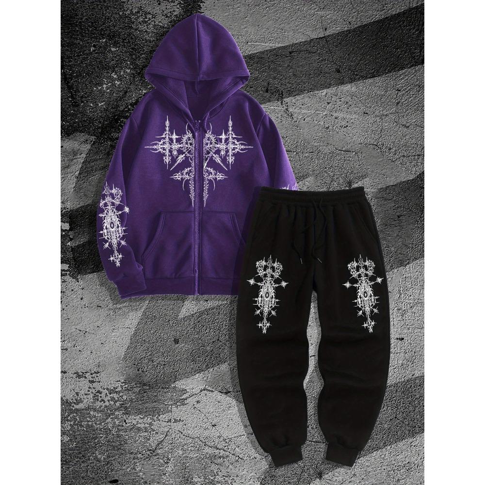 Street Style Cool Męski Zestaw Podstawowy, Męska Bluza z Kapturem na Zamek z Gotyckim Ciemnym Nadrukiem i Spodnie Dresowe Dwuczęściowy Zestaw