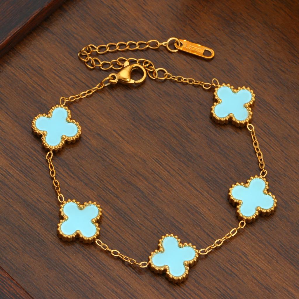 Stal Tytanowa Dwustronna Bransoletka Czterolistna Koniczyna Luksusowa Wykwintna i Modna Damska Bransoleta