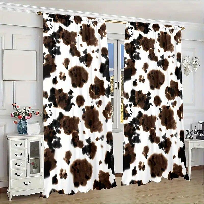 2 pieces - Textured cow spot pattern printed curtains   window decorations   home decorations   room decorations