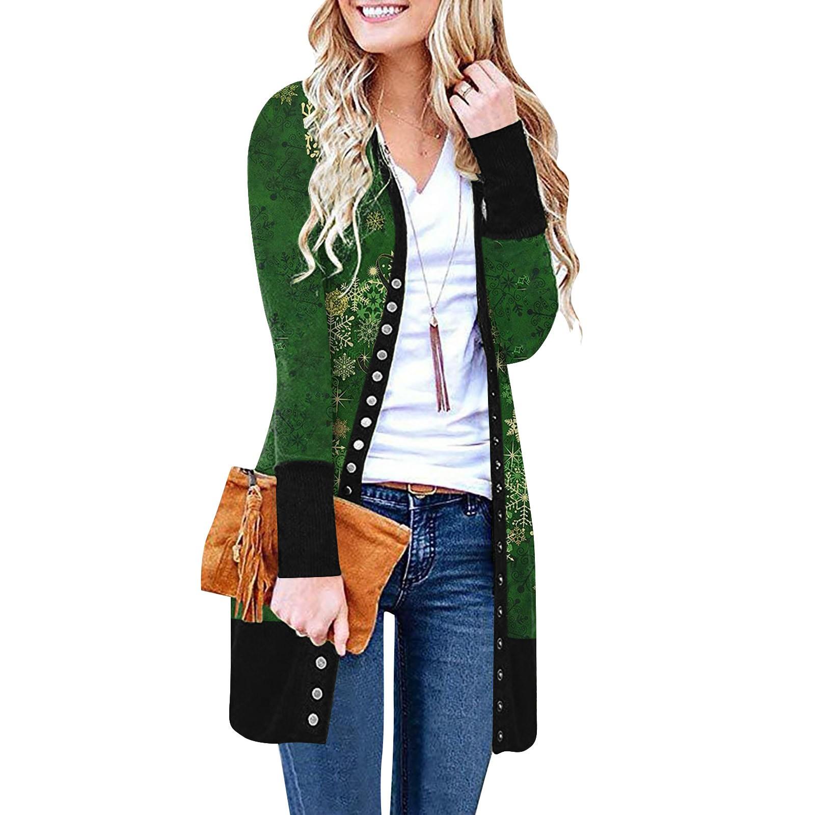 

Women s Casual Long Sleeve Front Cardigan Gradual Christmas Printed Top Lightweight Jacket L зелений