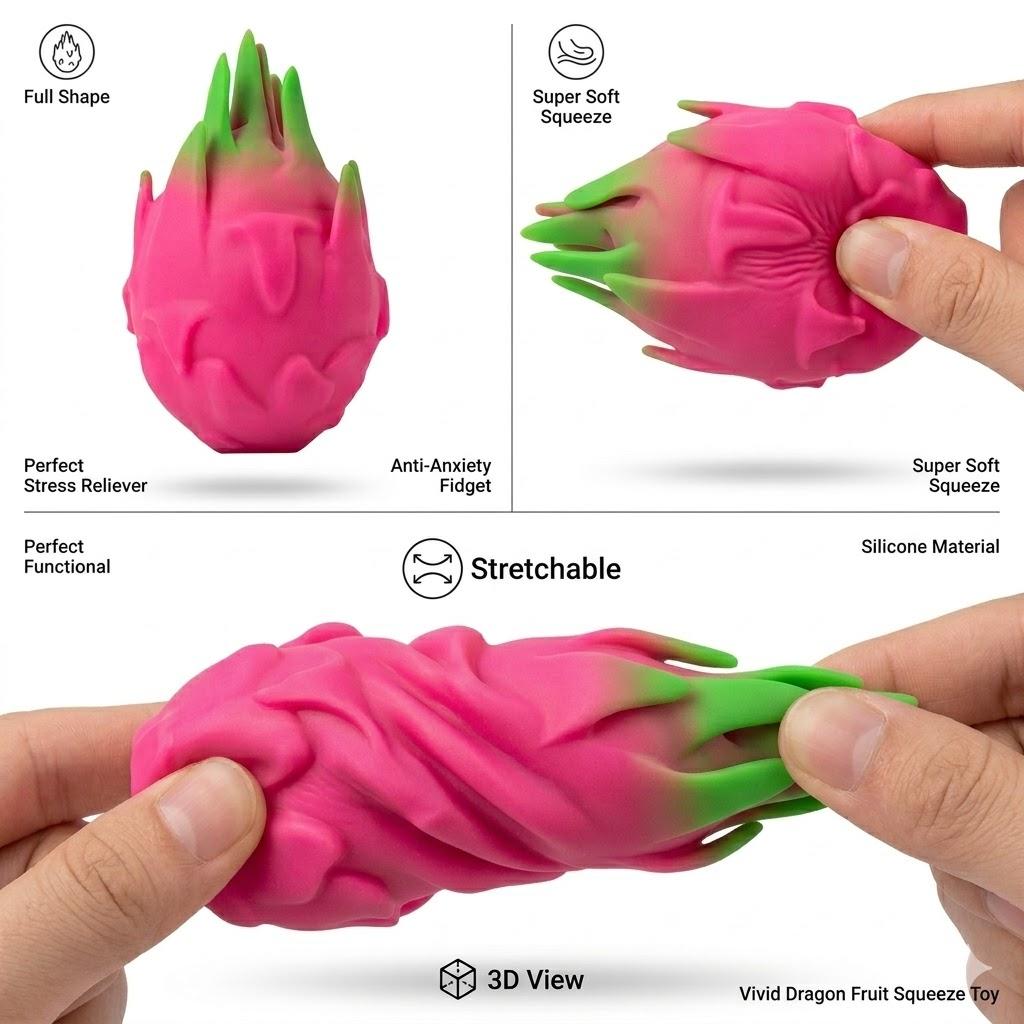 .Pink Green Dragon Fruit Squeeze Toy Silicone Squishy Fidget Sensory Toy for Autism ADHD Stress Relief Venting for Adults