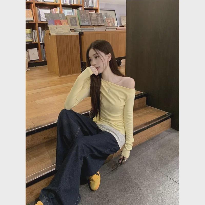 Gelbes schulterfreies, zweiteiliges, schmales Langarm-Top mit Spitzennähten für Damen – Herbstmode