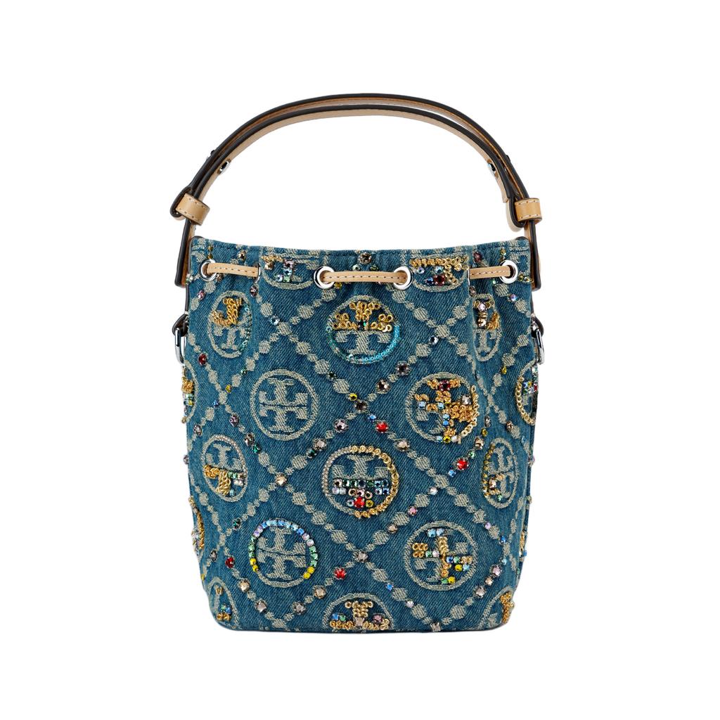 Tory Burch T Monogram Denim Jacquard Beaded Detail Sequin Bucket Bag Fabric Shoulder Tote Mini Women Bags Blue 174266-1025