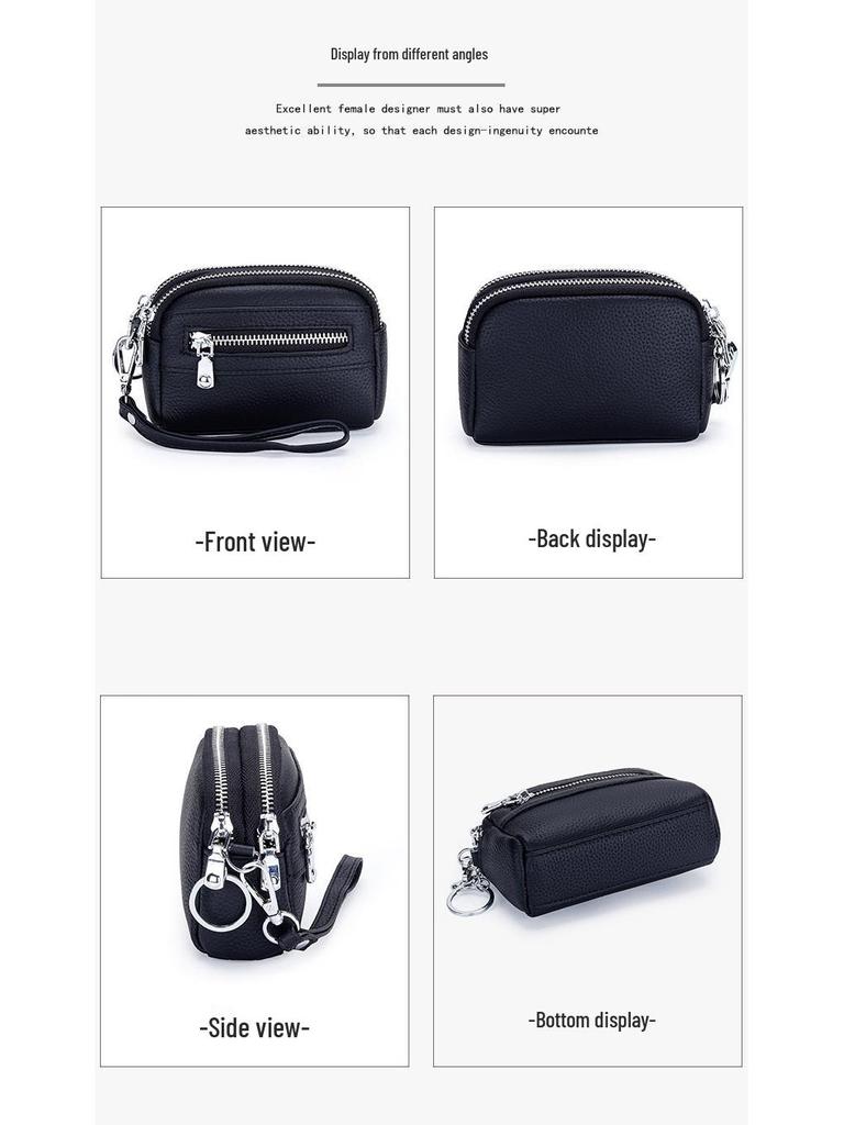 Women's Mini Clutch: Double Zipper Genuine Leather Coin Purse with Large Capacity - First Layer Cowhide