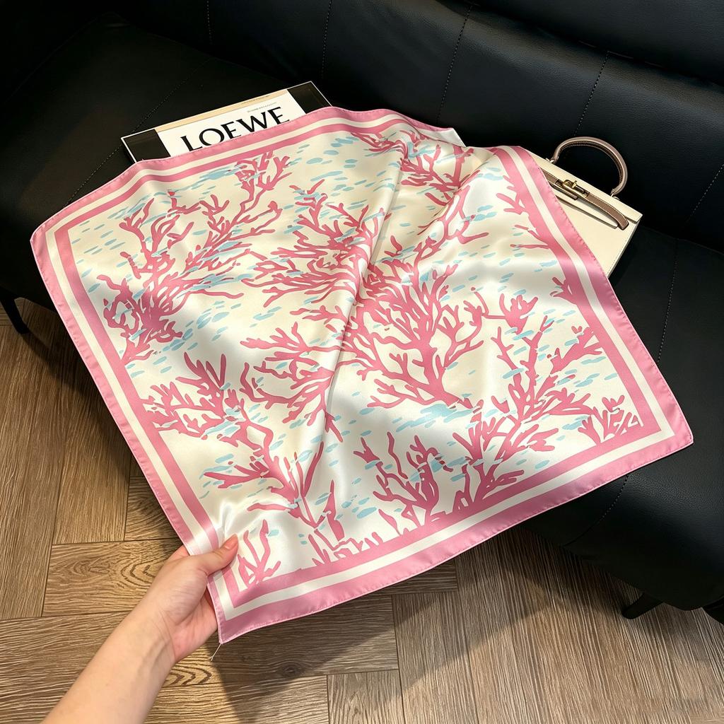Sen green flower print fresh imitation silk scarf premium versatile square scarf neck protection scarf trendy headscarf scarf women