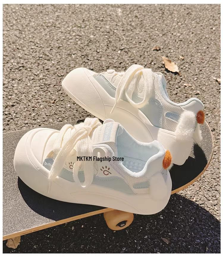 Girls' White Spring 2026 Breathable Thick-Sole Casual Sneakers, Non-Slip & Fashionable