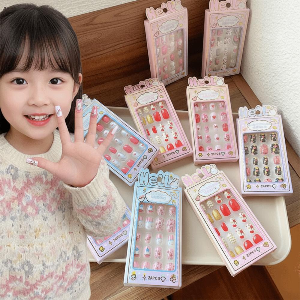 Cute Children Wearing Nails Cherry Love Heart Nail Tips Hot Long Nail Sticker for Girls Students