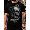 Men's Graphic T-Shirt With Smoking Skull And Burn Out Not Out Slogan, Short Sleeve Crewneck Top For Streetwear