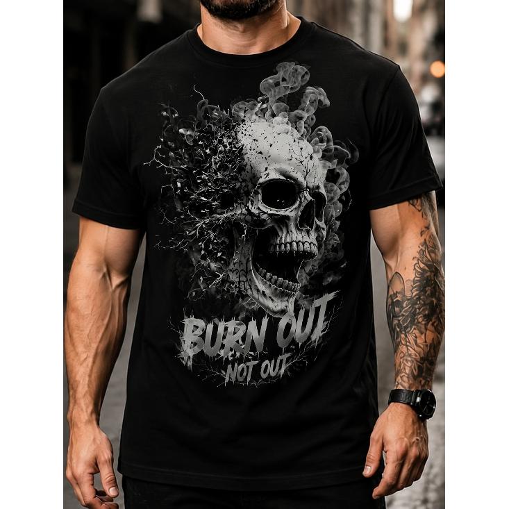 Men s Graphic T-Shirt With Smoking Skull And Burn Out Not Out Slogan, Short Sleeve Crewneck Top For Streetwear S